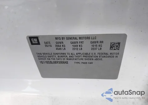 2014 Chevrolet Malibu 2Lt from USA, damaged, VIN 1G11E5SL8EF295842